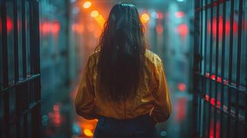A woman standing in a dimly lit prison cell at night. photo