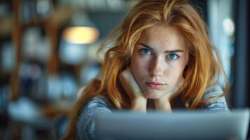 Red-Haired Woman Working Intently on Her Laptop photo