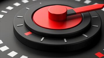 A red and black control knob on a black background. photo