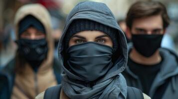 encapuchado individuos vistiendo mascaras en un ocupado calle foto