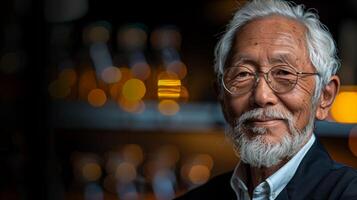 Elderly Gentleman With Glasses in a Bar Setting at Night photo