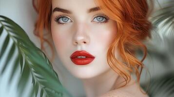 Red-Haired Woman Shrouded in Green Foliage photo