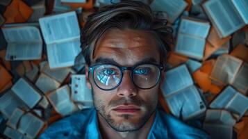 Man Surrounded by Books Looking Upward With Intensity photo