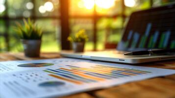 Business finance concept depicted with a laptop and papers on a table. photo