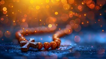 Rosary Beads and Cross on a Blue Surface With Golden Bokeh photo