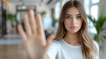 joven mujer gesticulando detener con mano adentro durante tiempo de día foto