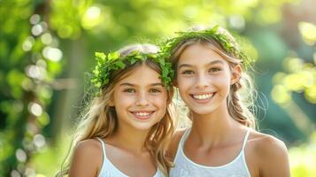 sonriente hermanas vistiendo hoja coronas en iluminado por el sol parque foto