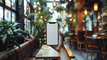 mano participación teléfono inteligente con blanco pantalla en acogedor café foto