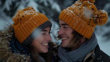 Smiling Couple in Matching Yellow Beanies on a Snowy Day photo