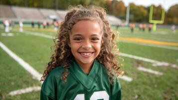 joven niña sonriente en fútbol americano jersey en campo durante tiempo de día foto