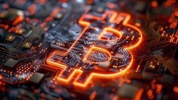 bitcoin símbolo en iluminado circuito tablero a noche foto