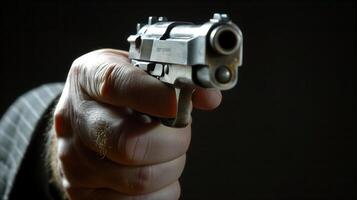 Close-Up of Hand Holding Revolver Against Dark Background photo