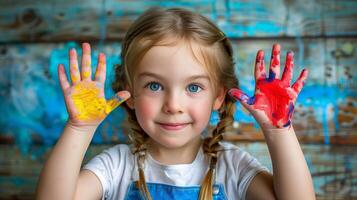 Smiling Young Girl Showing Painted Hands in Art Room photo