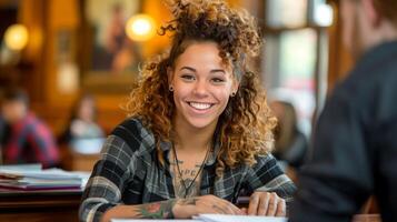 Smiling Student Working in a Bright Library Environment photo