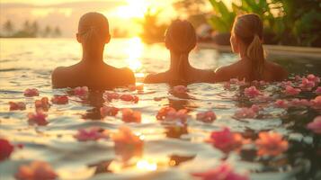 Sunset Pool Relaxation With Pink Floating Flowers photo