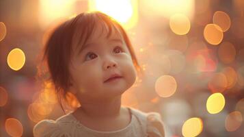 Innocent baby girl staring up at the sun in fascination, wearing a pink dress. photo