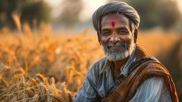 Joyful Farmer With Fresh Harvest in Golden Wheat Field at Sunset photo