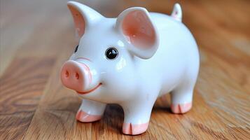 Smiling Ceramic Piggy Bank on Wooden Surface photo