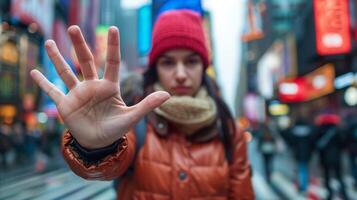 Woman Gesturing Stop in Times Square During Winter photo