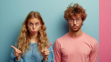 Confused Couple Standing Against a Dual-Tone Background photo