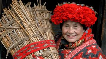 sonriente mujer en tradicional rojo tocado y bordado atuendo foto