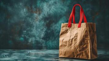 Crumpled Brown Paper Shopping Bag With Red Handles on Wooden Surface photo