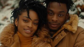 Winter Portrait of a Smiling Couple in Matching Brown Jackets photo