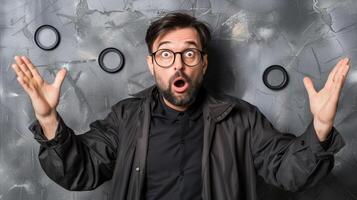 Surprised Man With Raised Hands Against Textured Gray Background photo