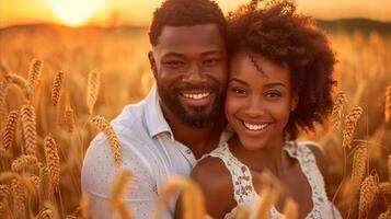 Smiling Couple Embracing in Golden Wheat Field at Sunset photo