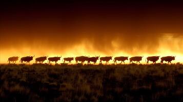 Silhouetted Herd of Wildebeest Against Fiery Sunset in the Savannah photo