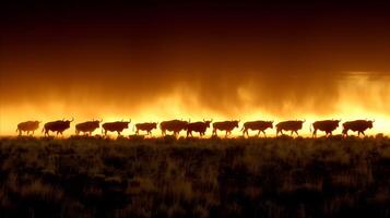 silueta manada de ñu en contra ardiente puesta de sol en el sabana foto