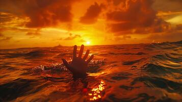 el imagen de el mano alcanzando fuera en el agua durante puesta de sol indica ahogo y el necesitar para ayuda. foto