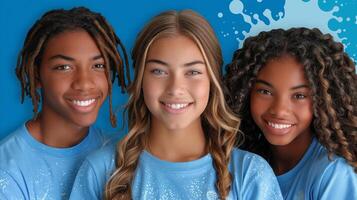 Three Smiling Friends in Blue Shirts Against a Splash Background photo