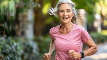 Senior Woman Running in Urban Park at Dusk photo