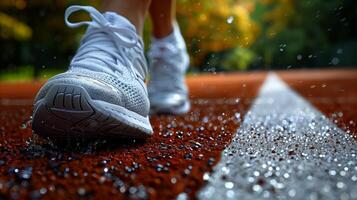 Runners Feet on Wet Track During Rainy Day Workout photo