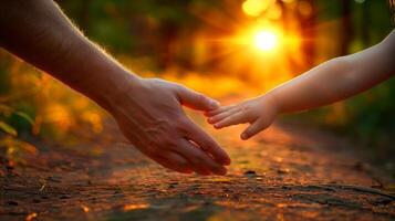 Gentle Touch, Two Hands Reaching Out in a Sunlit Forest photo
