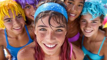 grupo de alegre niños disfrutando un verano piscina fiesta foto