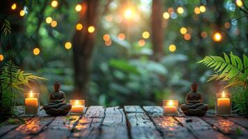 Serene Zen Garden With Buddhas and Candles at Dusk photo