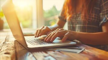 Female using laptop for online shopping. photo