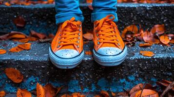 vibrante naranja zapatillas en un escalera con otoño hojas foto