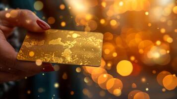Hand Holding a Golden Credit Card Against Bokeh Lights Background photo
