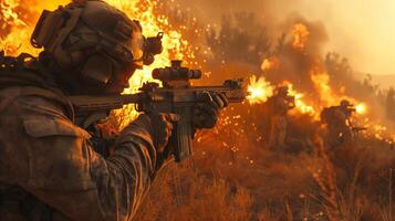 Sunset Battle, Soldiers Engaging in a Fiery Combat Scenario photo