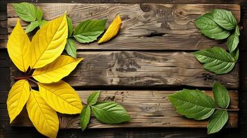 otoño hojas arreglado en rústico de madera antecedentes foto