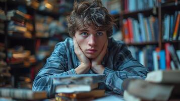 pensativo joven hombre en un librería rodeado por pilas de libros foto