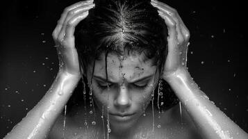 Woman Bathing Under Water Droplets in Monochrome photo