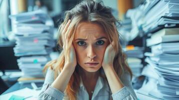 Overwhelmed Office Worker Surrounded by Stacks of Paperwork photo