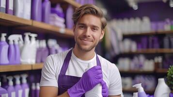 Confident Employee in a Purple Apron at a Cleaning Supplies Store photo