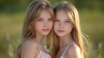 Twin Sisters Embrace in a Sunlit Field at Dusk photo