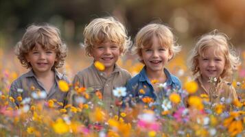 cuatro contento niños disfrutando un soleado día en un flor campo foto