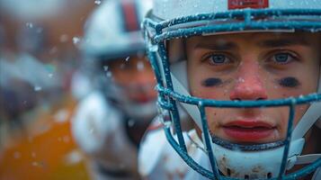 Focused Football Player During a Rainy Game photo